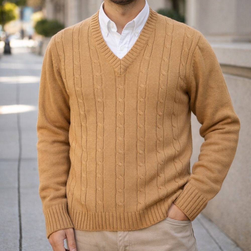 Vintage Silton Cable Knit Sweater V-Neck Men's Medium Camel Brown Made in Korea‎